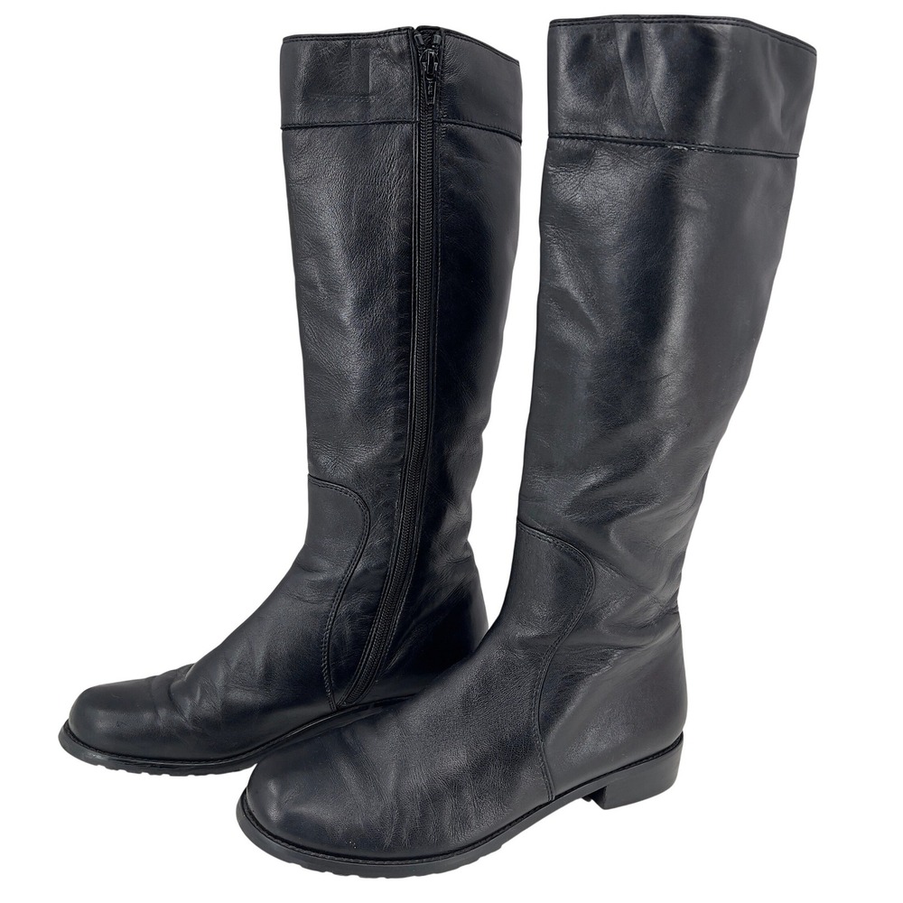 Stuart Weitzman Womens 7.5 Knee High Boots Black Leather Riding Low Block Heel